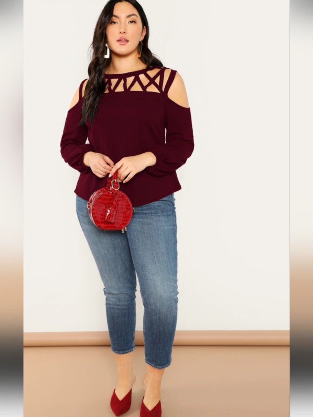 Shein Curve Milumia Lantern Sleeve Cut Out Cold Shoulders Burgundy Top 1XL